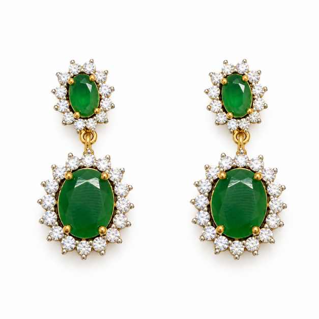 Diamond Green Stone Halo Drop Necklace Set - SNSS0003 close-up view