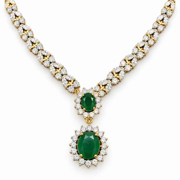 Diamond Green Stone Halo Drop Necklace Set - SNSS0003 detail view