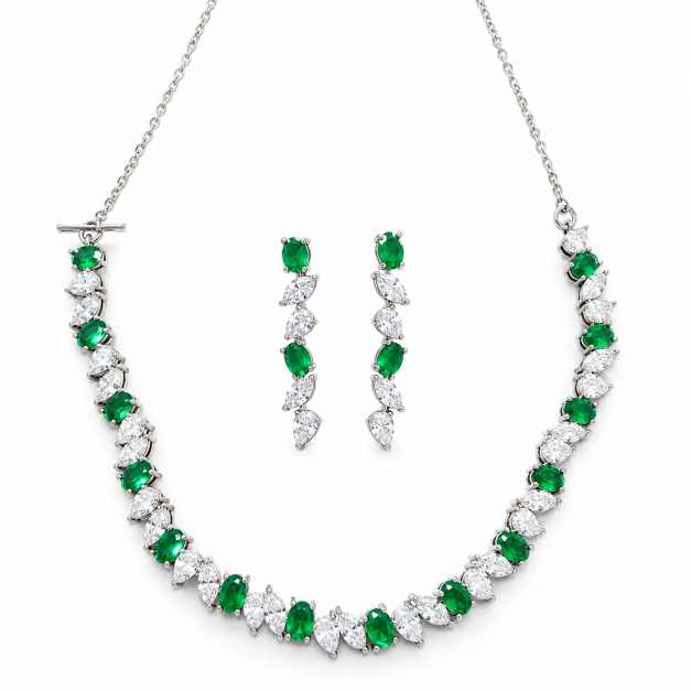 Silver Green & Clear Stone Statement Necklace With Matching Earrings - SNSS0004 front view