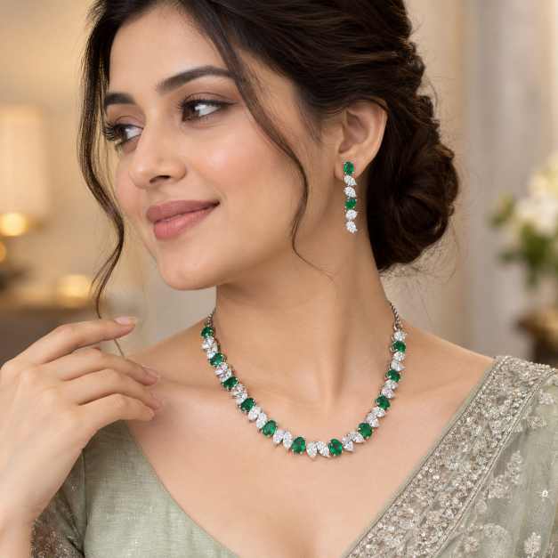 Silver Green & Clear Stone Statement Necklace With Matching Earrings - SNSS0004 side view