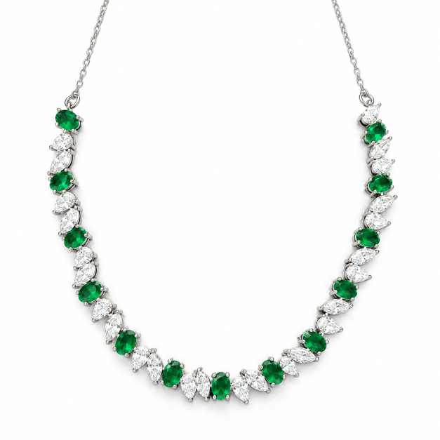 Silver Green & Clear Stone Statement Necklace With Matching Earrings - SNSS0004 detail view