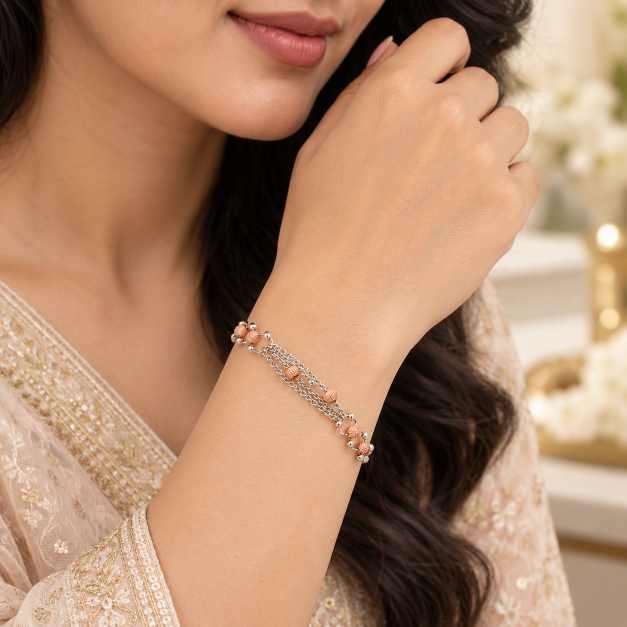 Silver Two-Tone Textured Bead Multi-Chain Bracelet - ABR62342 close-up view