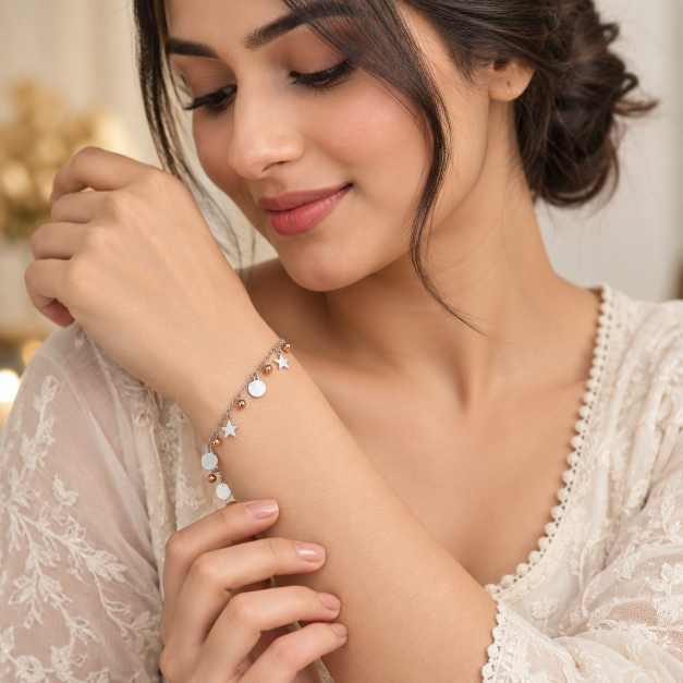 Silver Two-Tone Star & Disc Charm Chain Bracelet - ABR62340 close-up view
