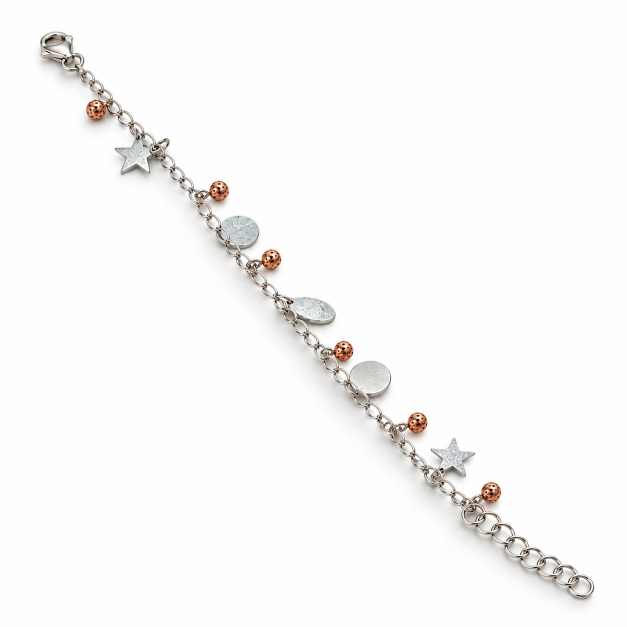 Silver Two-Tone Star & Disc Charm Chain Bracelet - ABR62340 front view