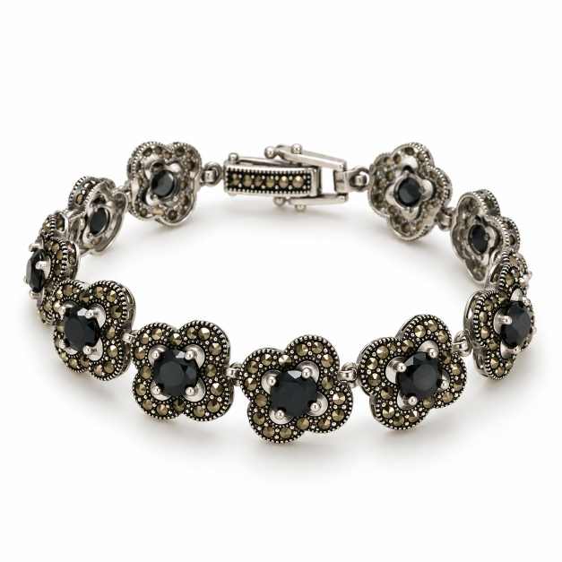Silver Vintage-Inspired Black Stone Statement Bracelet - ABR62311