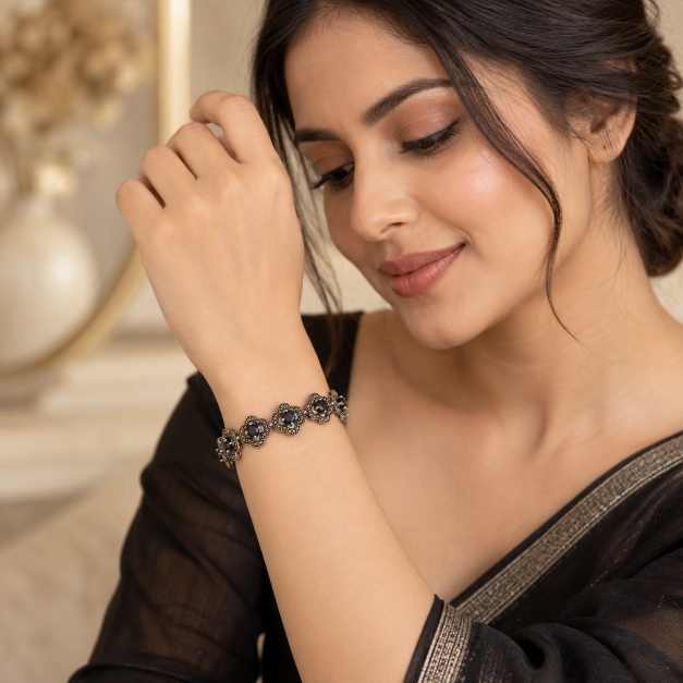 Silver Vintage-Inspired Black Stone Statement Bracelet - ABR62311 side view