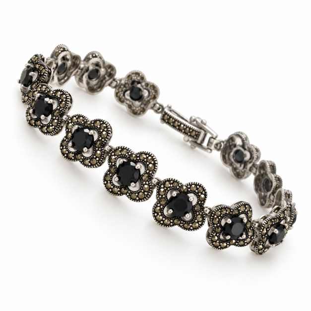 Silver Vintage-Inspired Black Stone Statement Bracelet - ABR62311 detail view