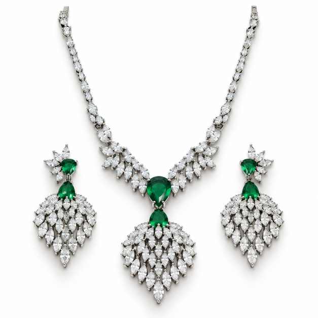 Silver Green & Clear Stone Leaf Drop Necklace And Earring Set - SNSS0011 front view