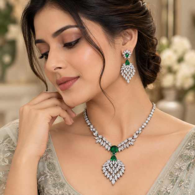 Silver Green & Clear Stone Leaf Drop Necklace And Earring Set - SNSS0011 side view