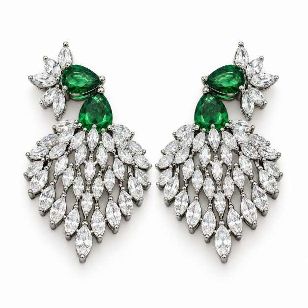 Silver Green & Clear Stone Leaf Drop Necklace And Earring Set - SNSS0011 close-up view