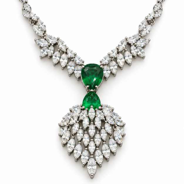 Silver Green & Clear Stone Leaf Drop Necklace And Earring Set - SNSS0011 detail view