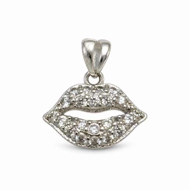 Silver Pendants Lips Motif Clear-Stone Silver-Tone Pendant - APE60693 close-up view