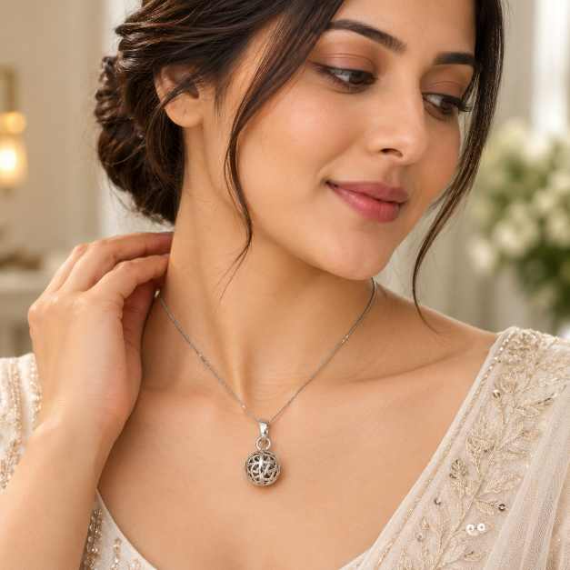 Silver Pendants Openwork Spherical Silver-Tone Pendant - APE60582 side view