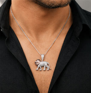 Sterling Silver Dual Tone Lion Pendant with Rose Gold Finish & Cubic Zirconia Stones view 5