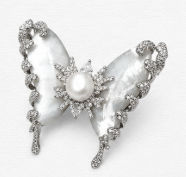 Sterling Silver Butterfly Brooch with Mother of Pearl, Freshwater Pearl & Cubic Zirconia side view