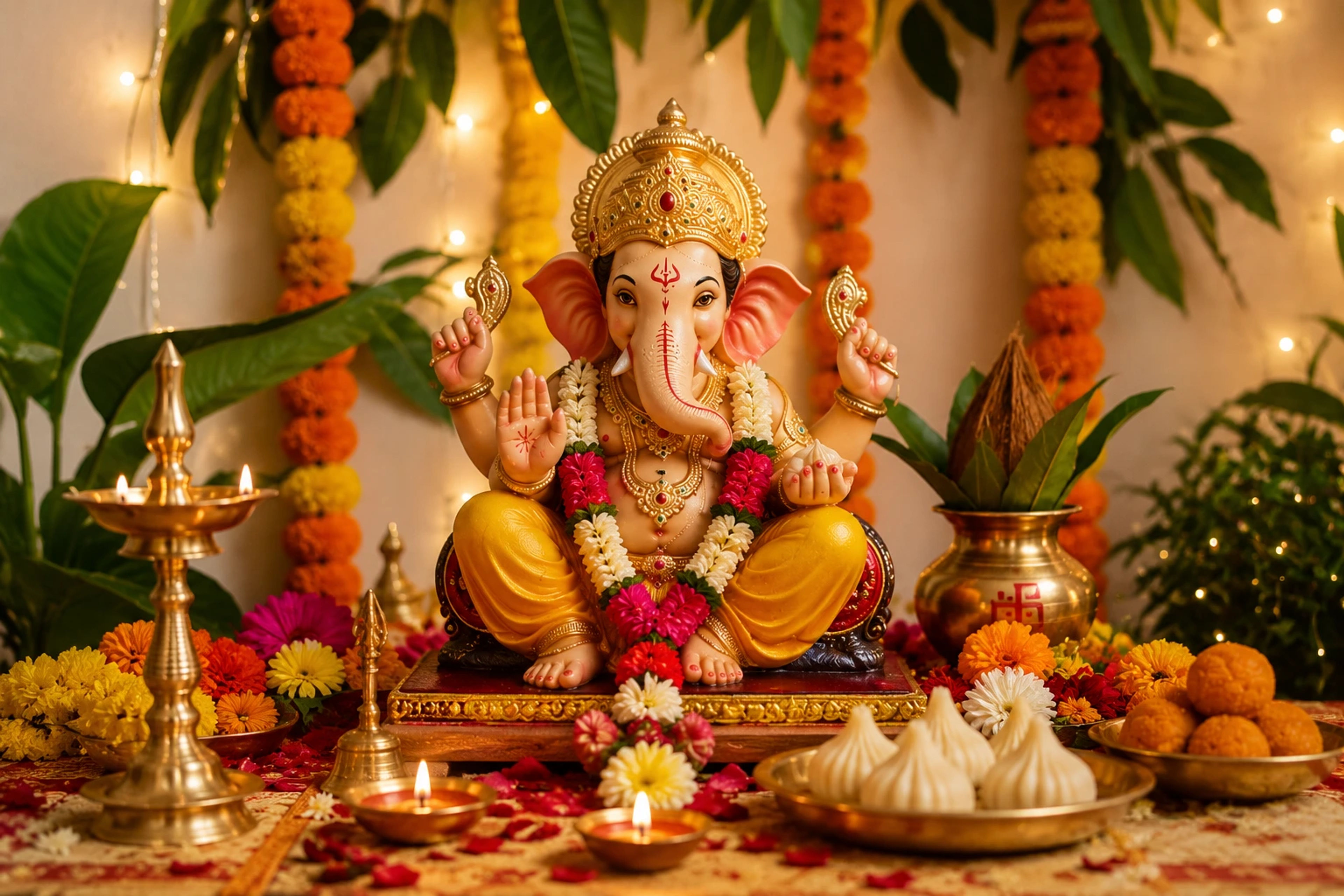 Traditional Ganpati Sthapana altar setup with flowers, diya, and puja samagri
