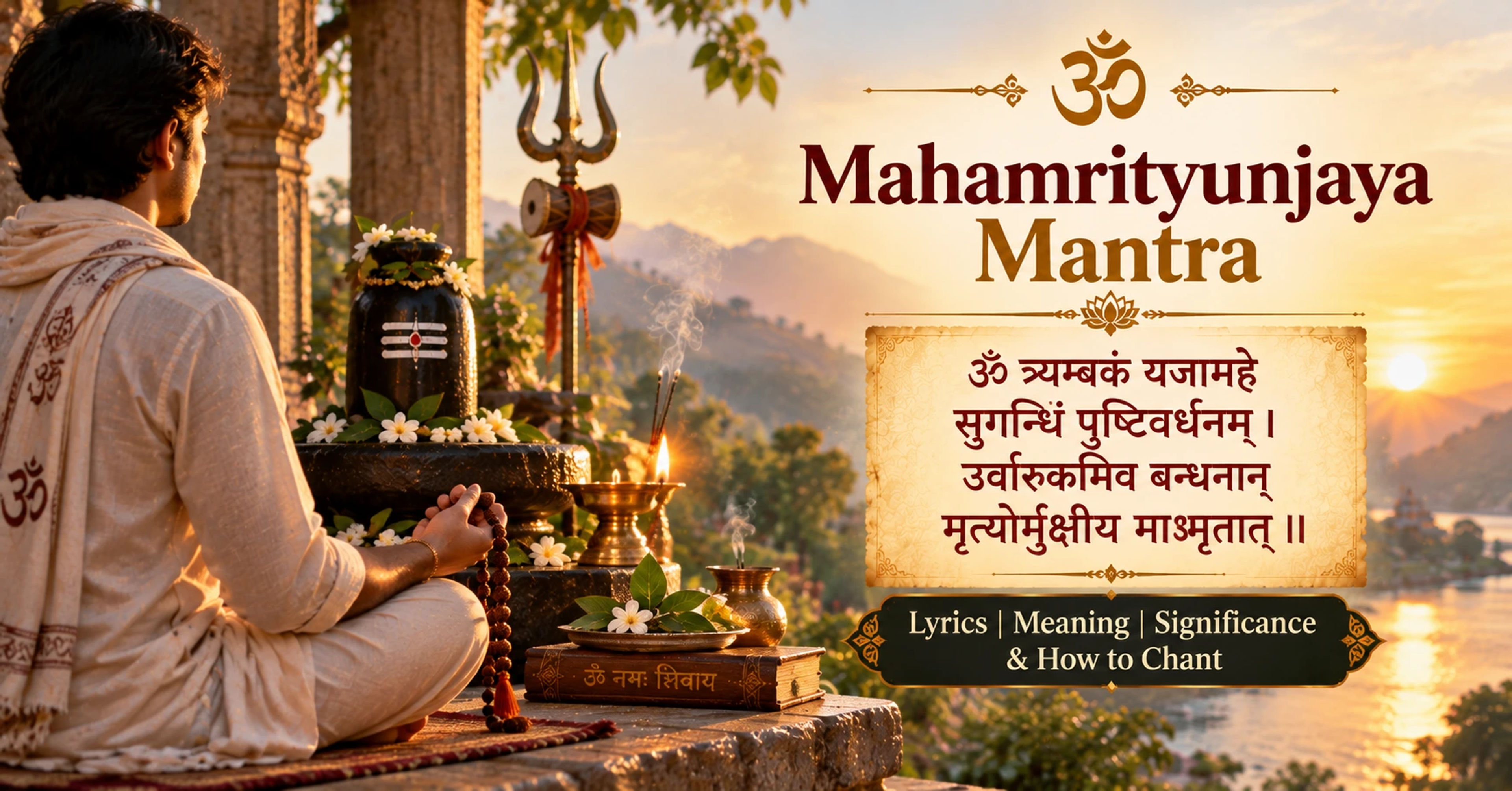 A person sitting in quiet meditation chanting the Mahamrityunjaya Mantra with a japa mala in hand