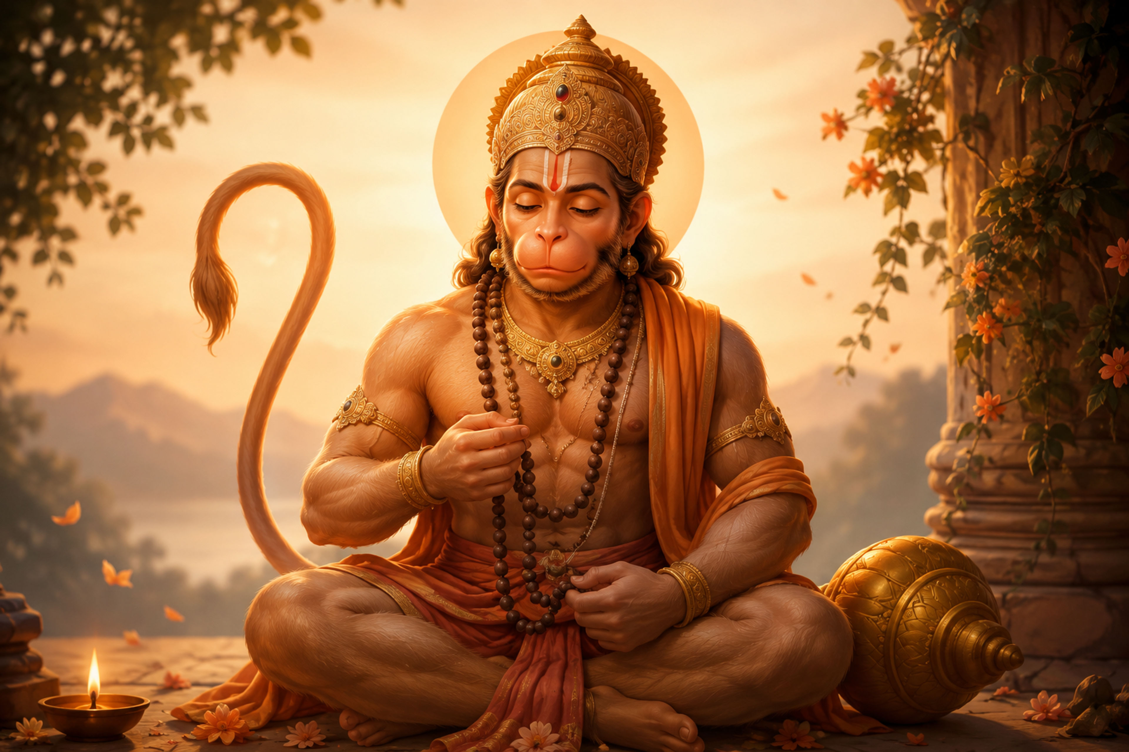 Devotional depiction of Lord Hanuman in deep meditation, embodying strength, devotion, and focus for Ram Naam Jaap