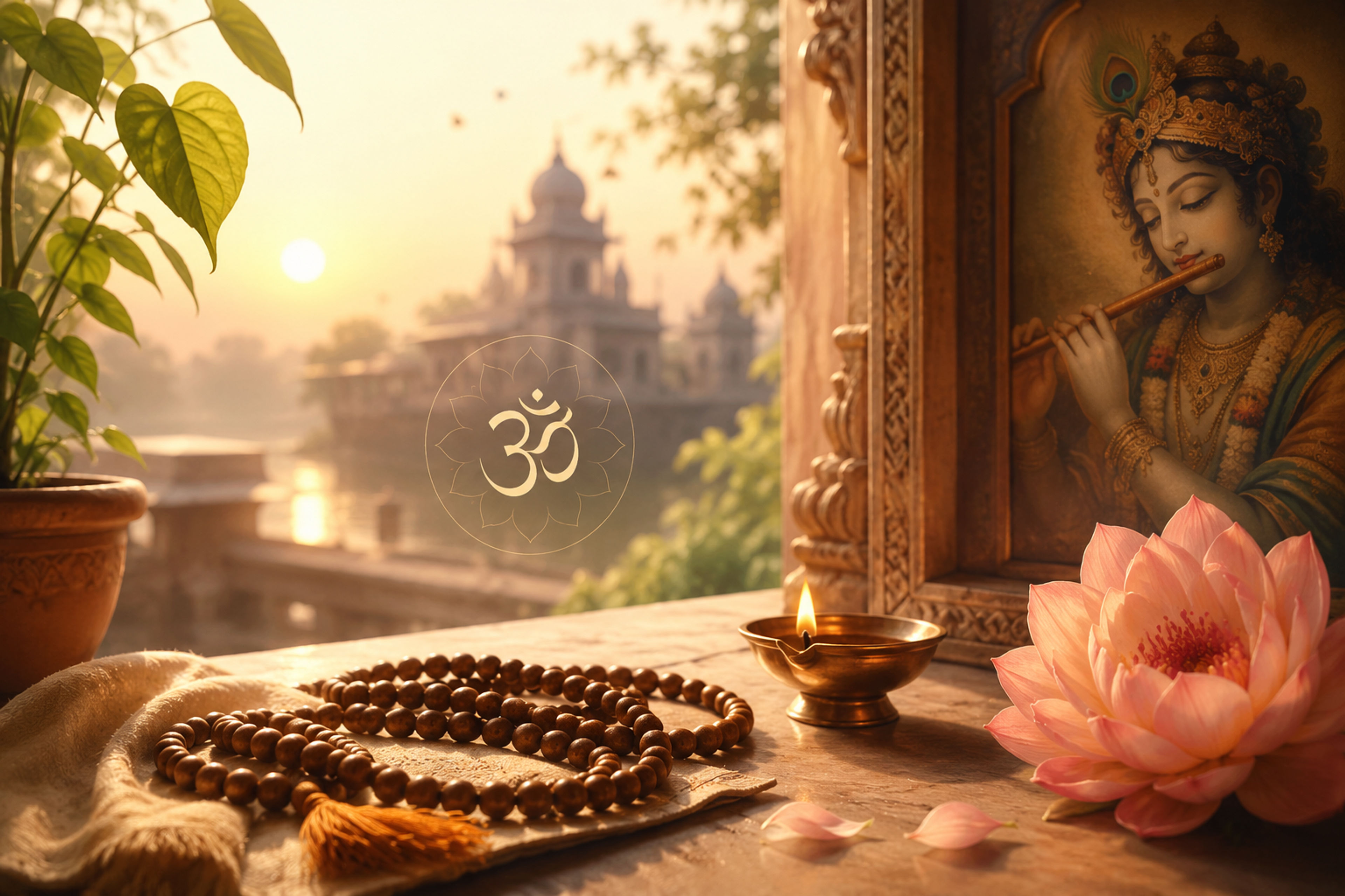 Serene devotional artwork depicting Sri Krishna with a flute, representing divine love, joy, and Bhakti yoga