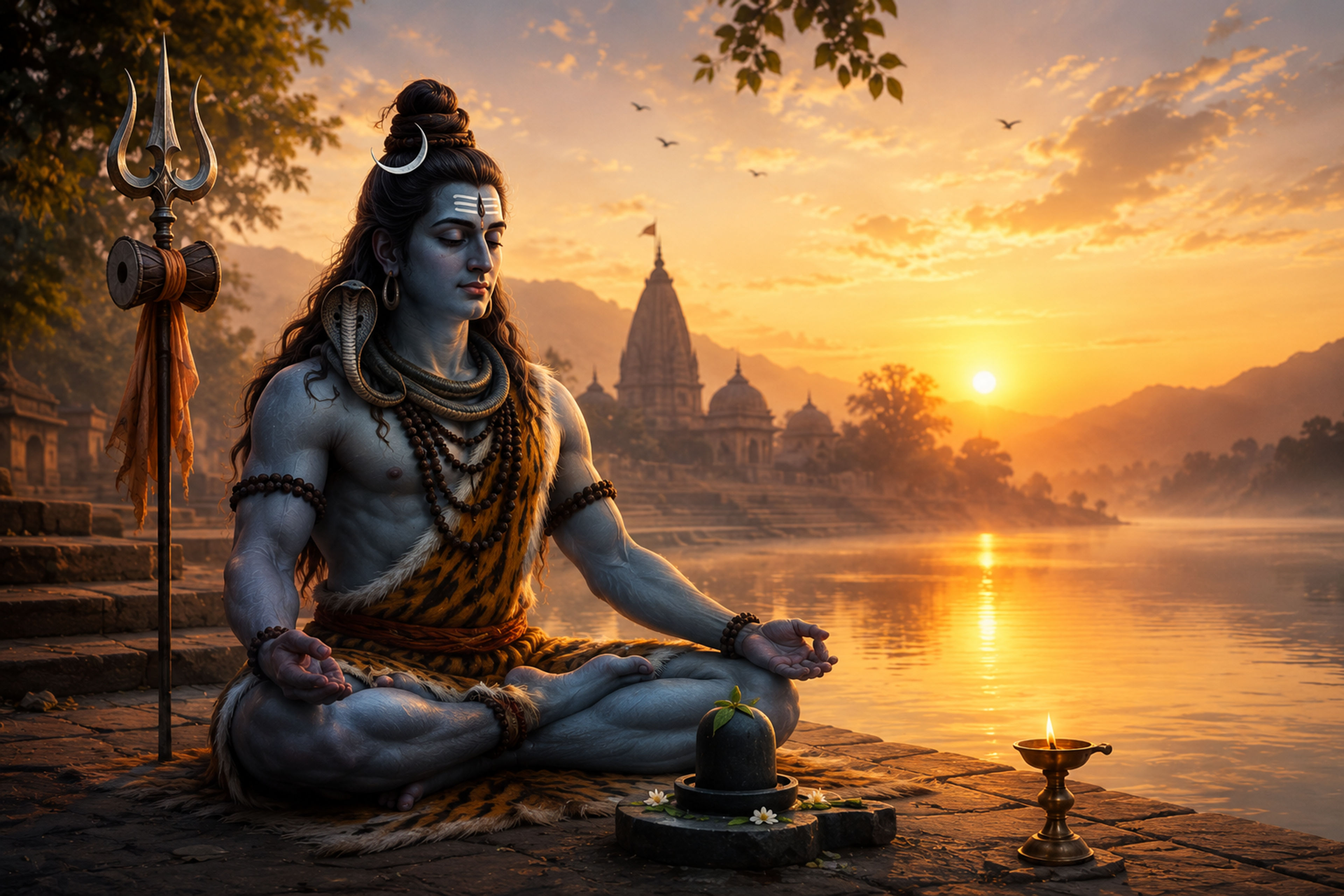 Sacred artistic representation of Lord Shiva meditating peacefully during the tranquil hours before sunrise