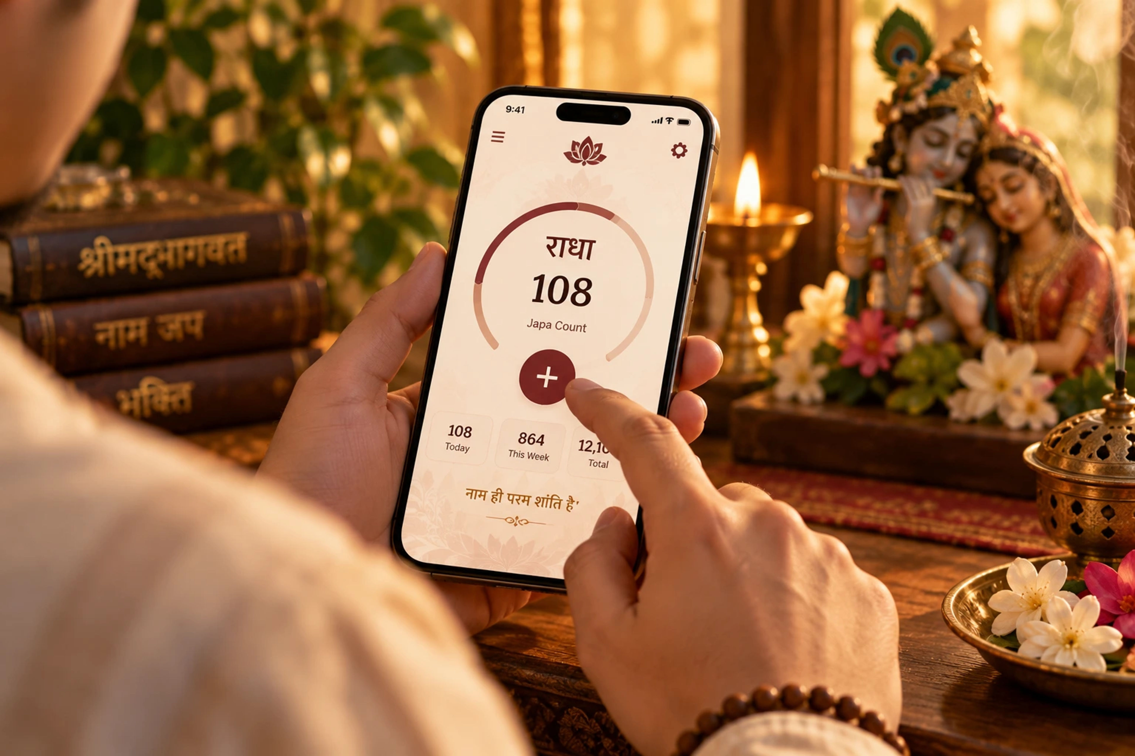 A person using a phone-based digital jaap counter app to count mantra repetitions