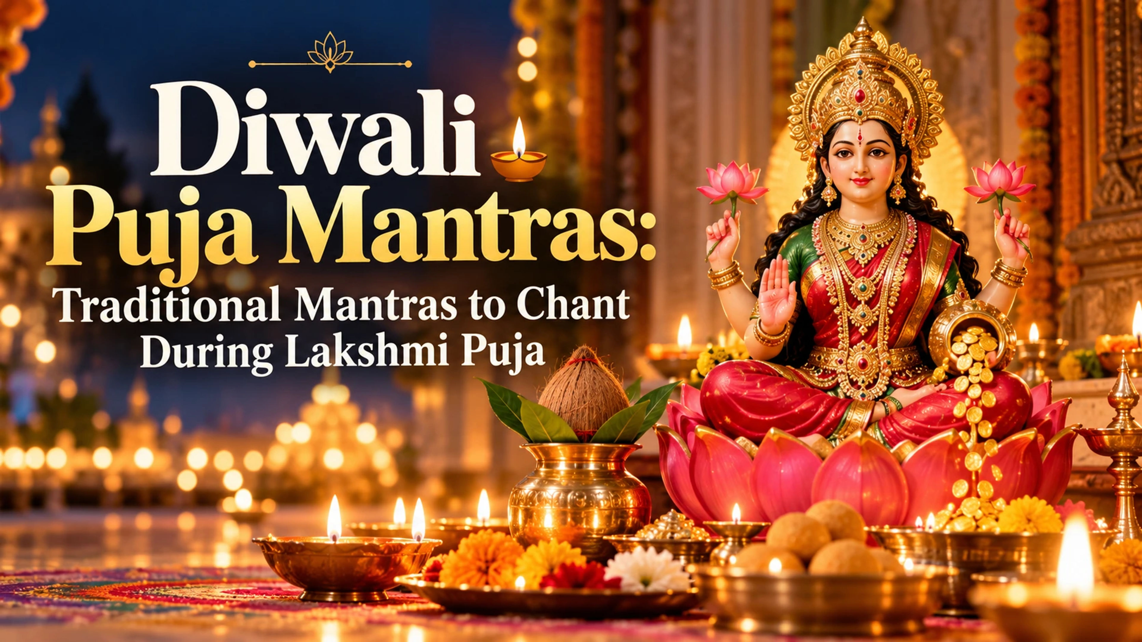Traditional earthen diyas, glowing lamps, and auspicious offerings prepared for Diwali Lakshmi Puja