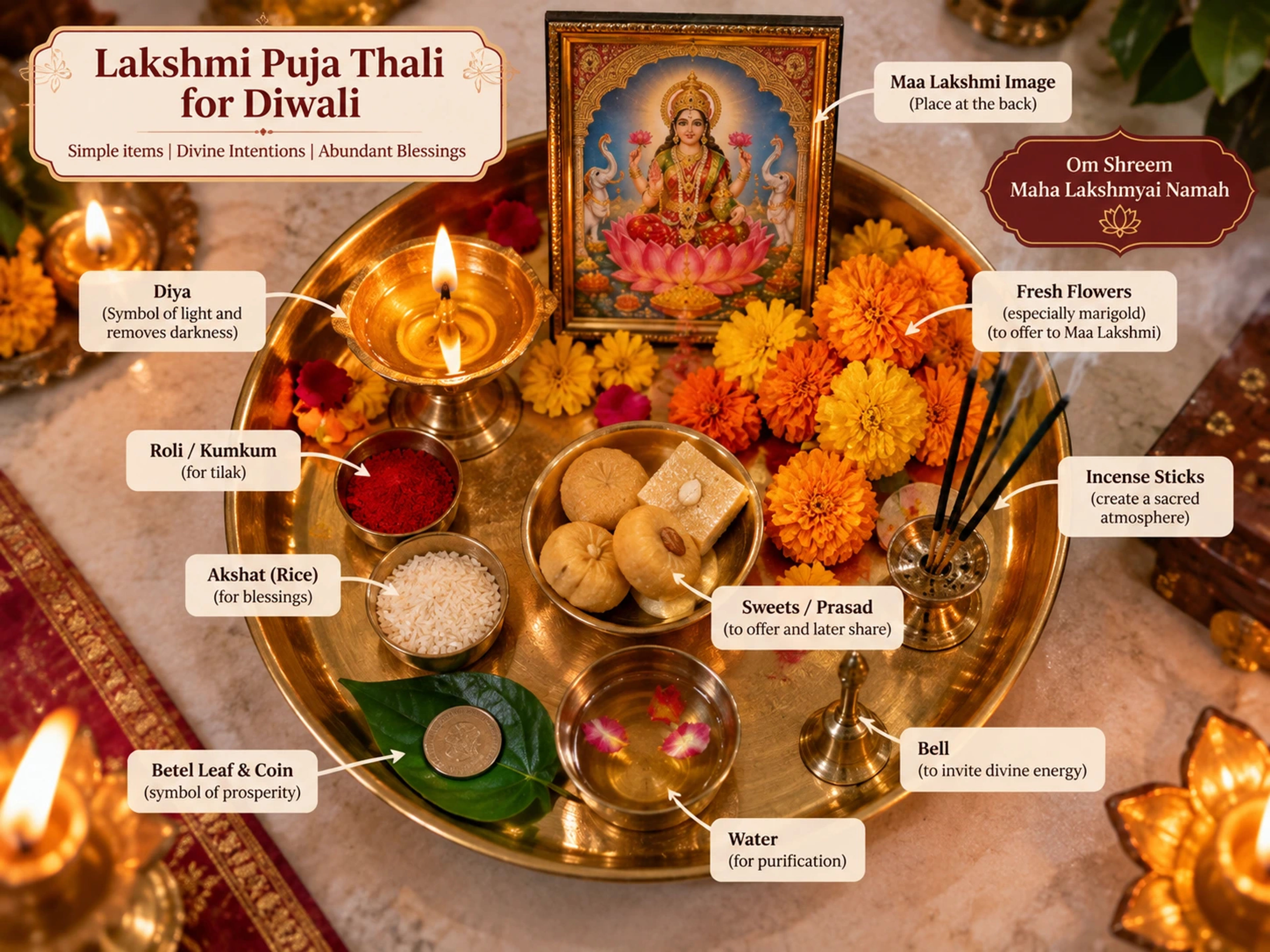 A simple Lakshmi Puja thali with a diya, marigold flowers, incense and sweets