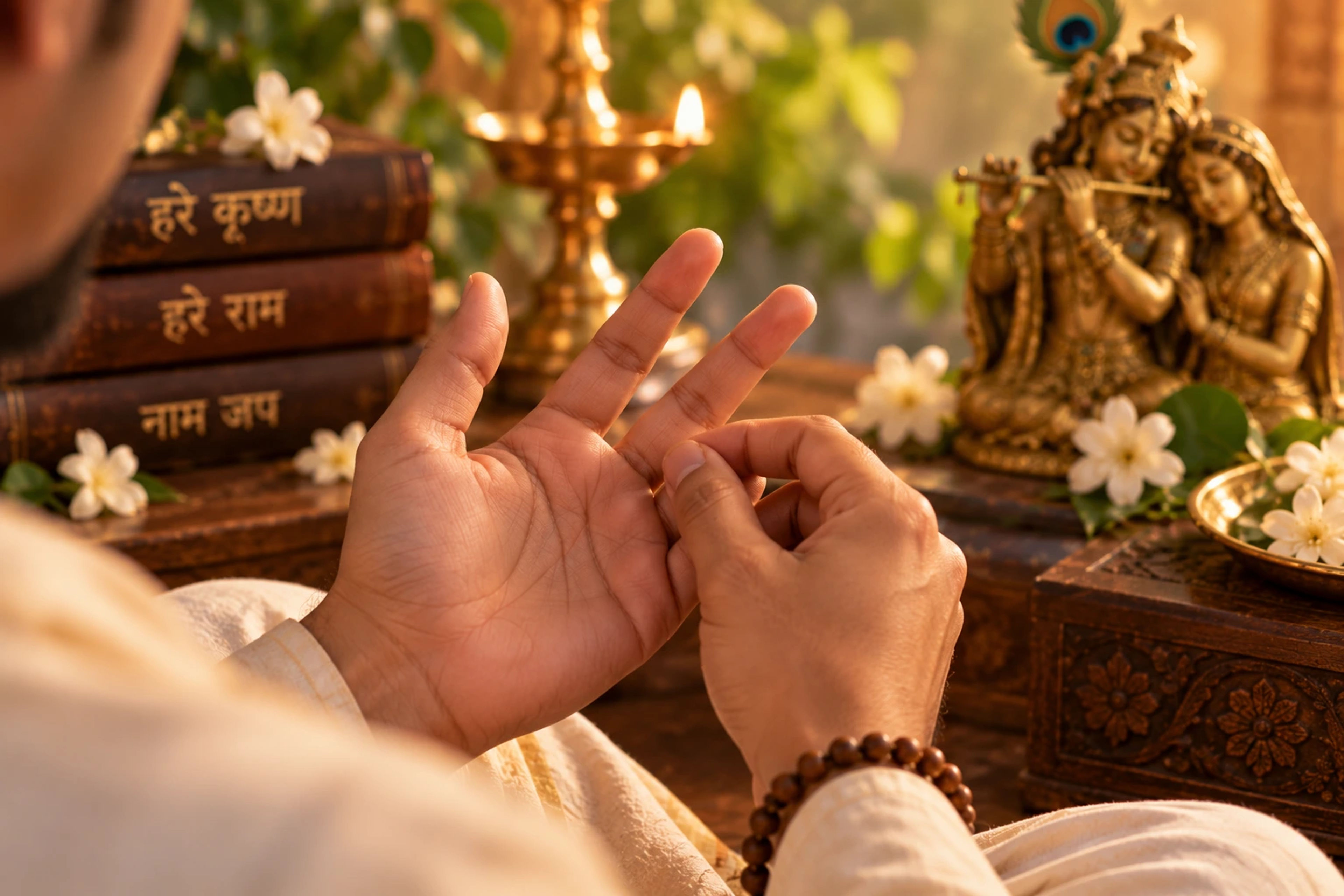 Close-up of a hand counting Naam Jaap on finger joints, without using a mala
