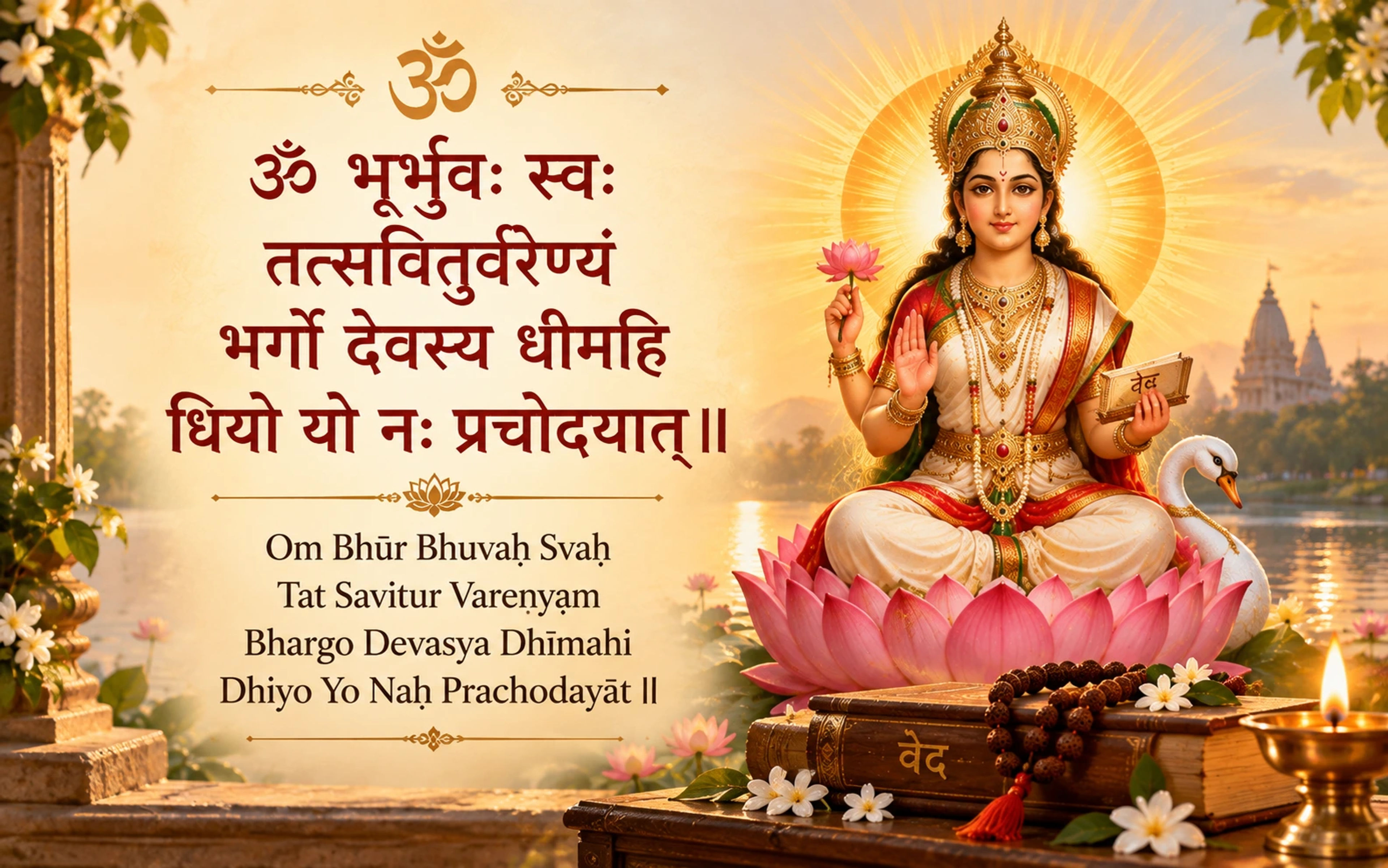 The Gayatri Mantra in Devanagari and transliteration, styled as a devotional text card
