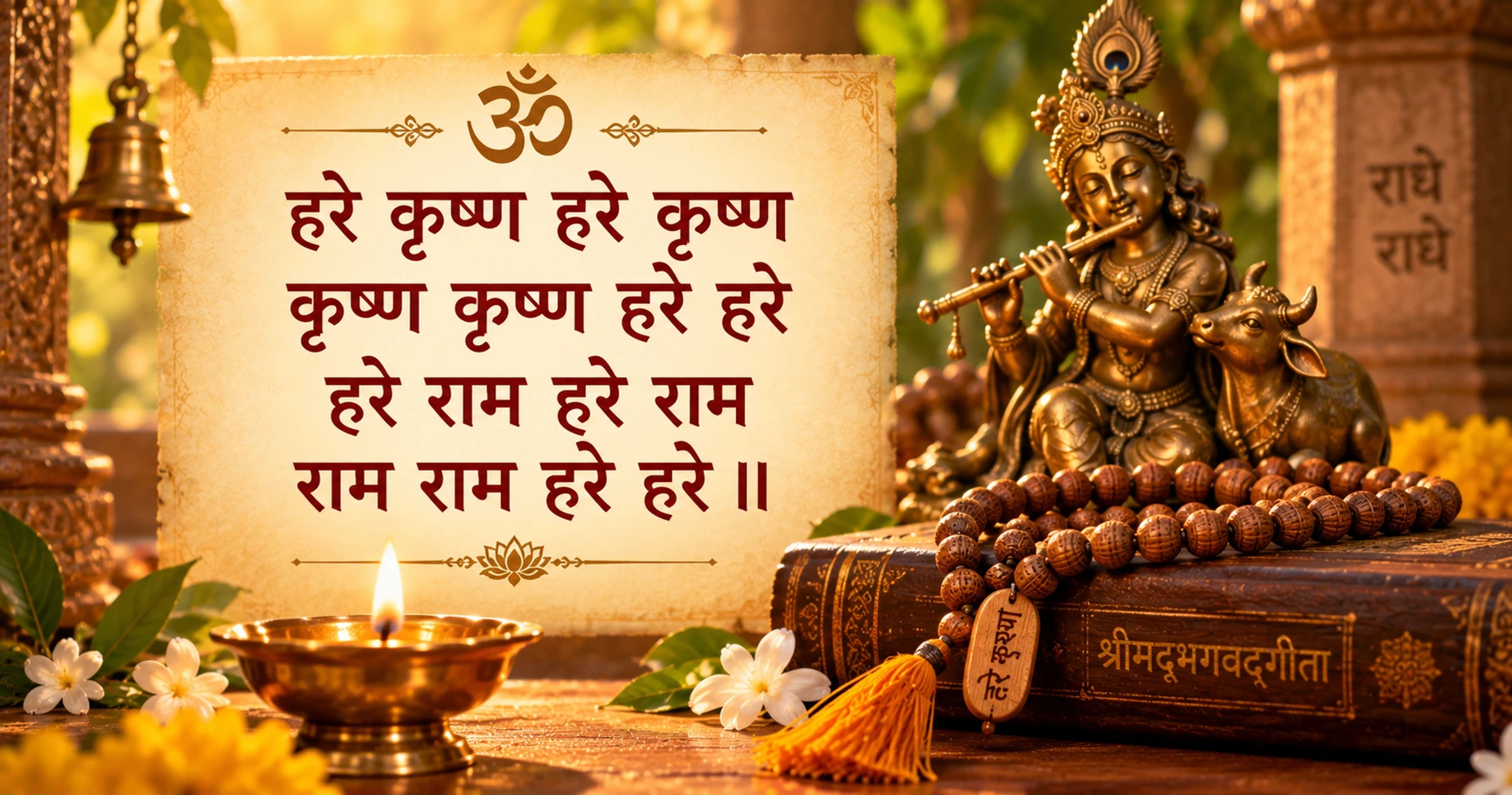 The Hare Krishna Mahamantra in Devanagari and transliteration, styled as a devotional text card