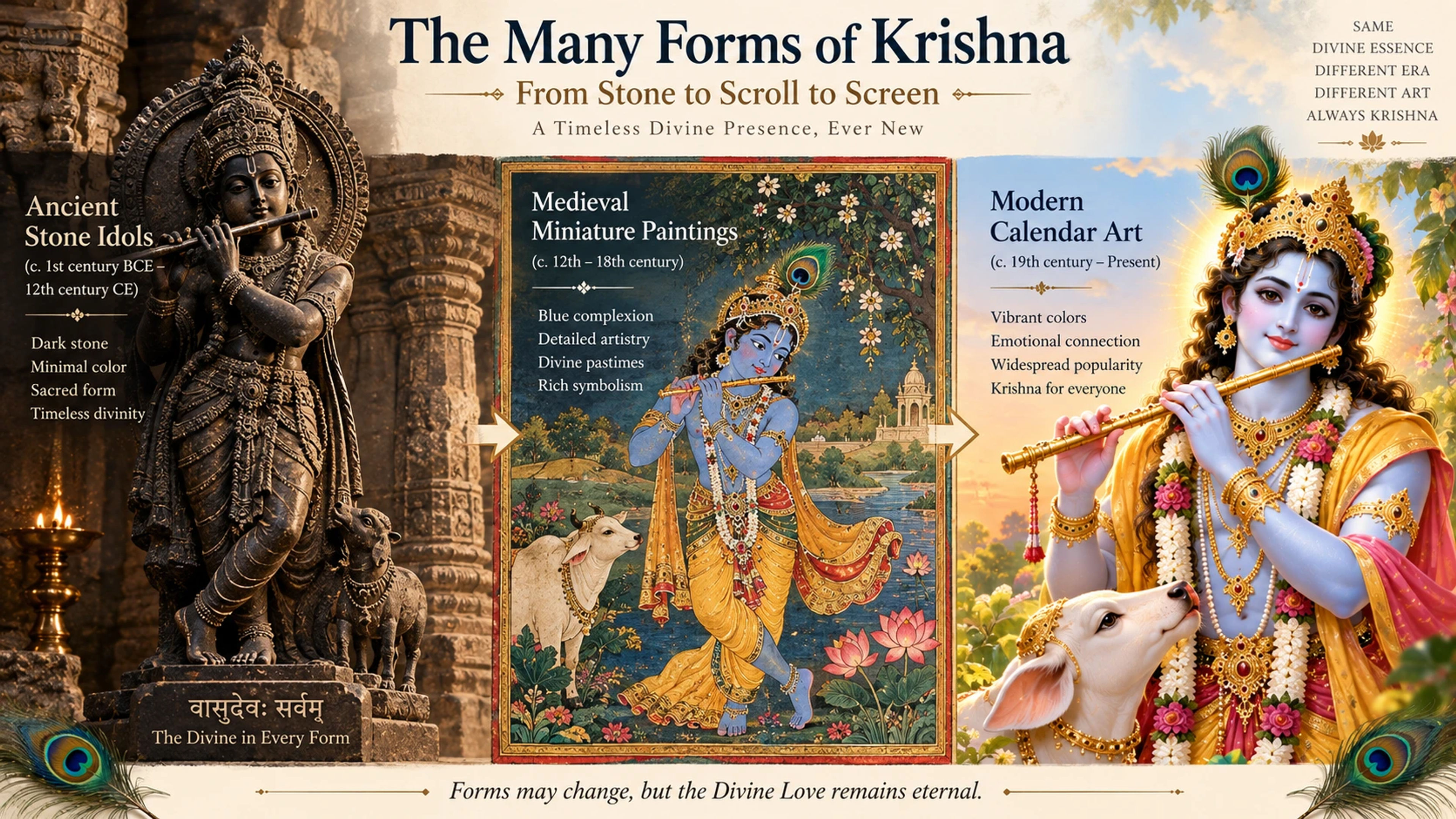 Illustration showing the artistic development of Krishna's depiction from dark stone idols to blue miniature paintings to modern calendar art