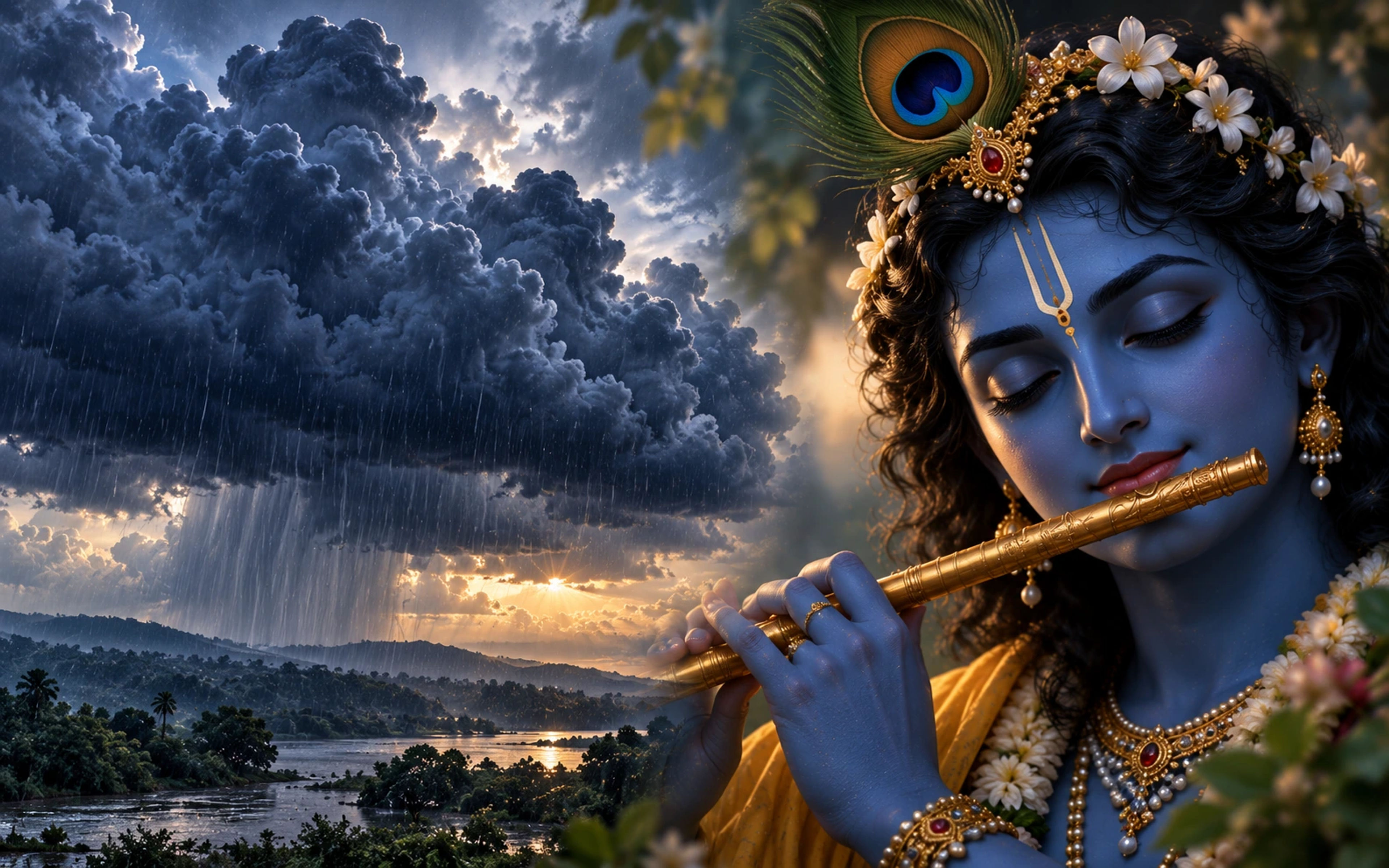Illustration comparing a dark monsoon rain cloud with Krishna's traditional dark-blue complexion