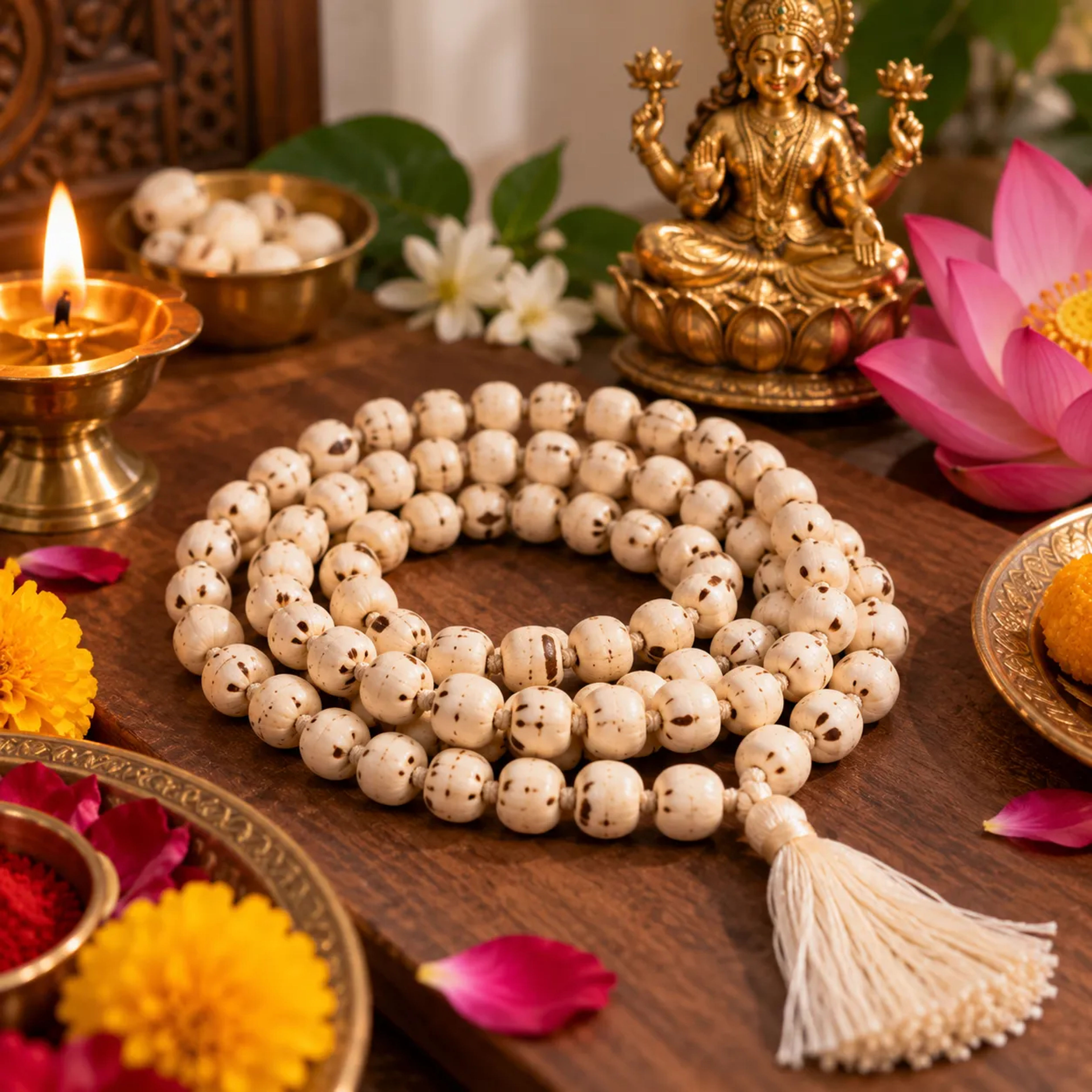 Lotus seed kamal gatta japa mala with 108 beads used for Lakshmi worship