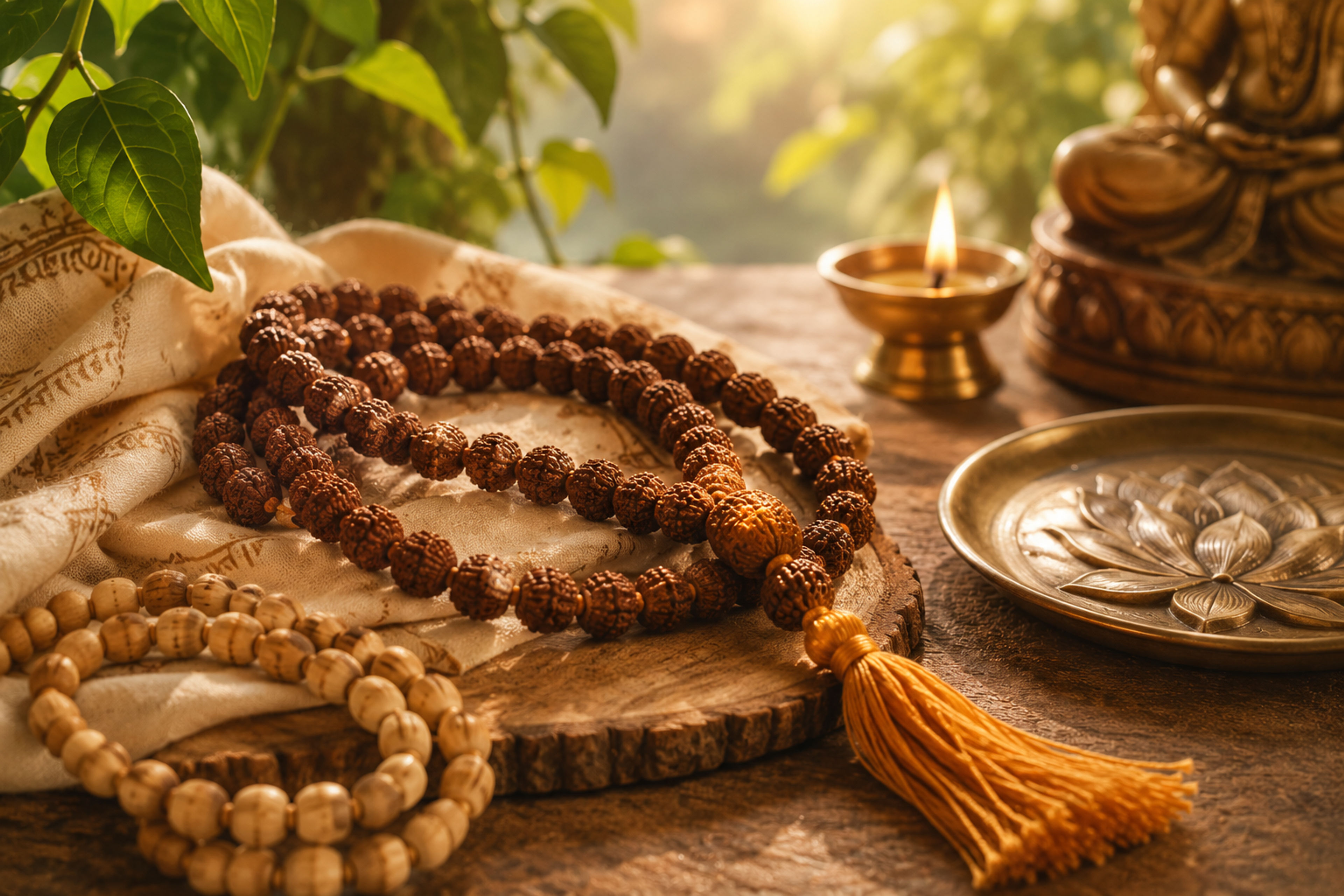 Close-up photograph of a traditional 108-bead Rudraksha mala with a tassel for counting mantra repetitions