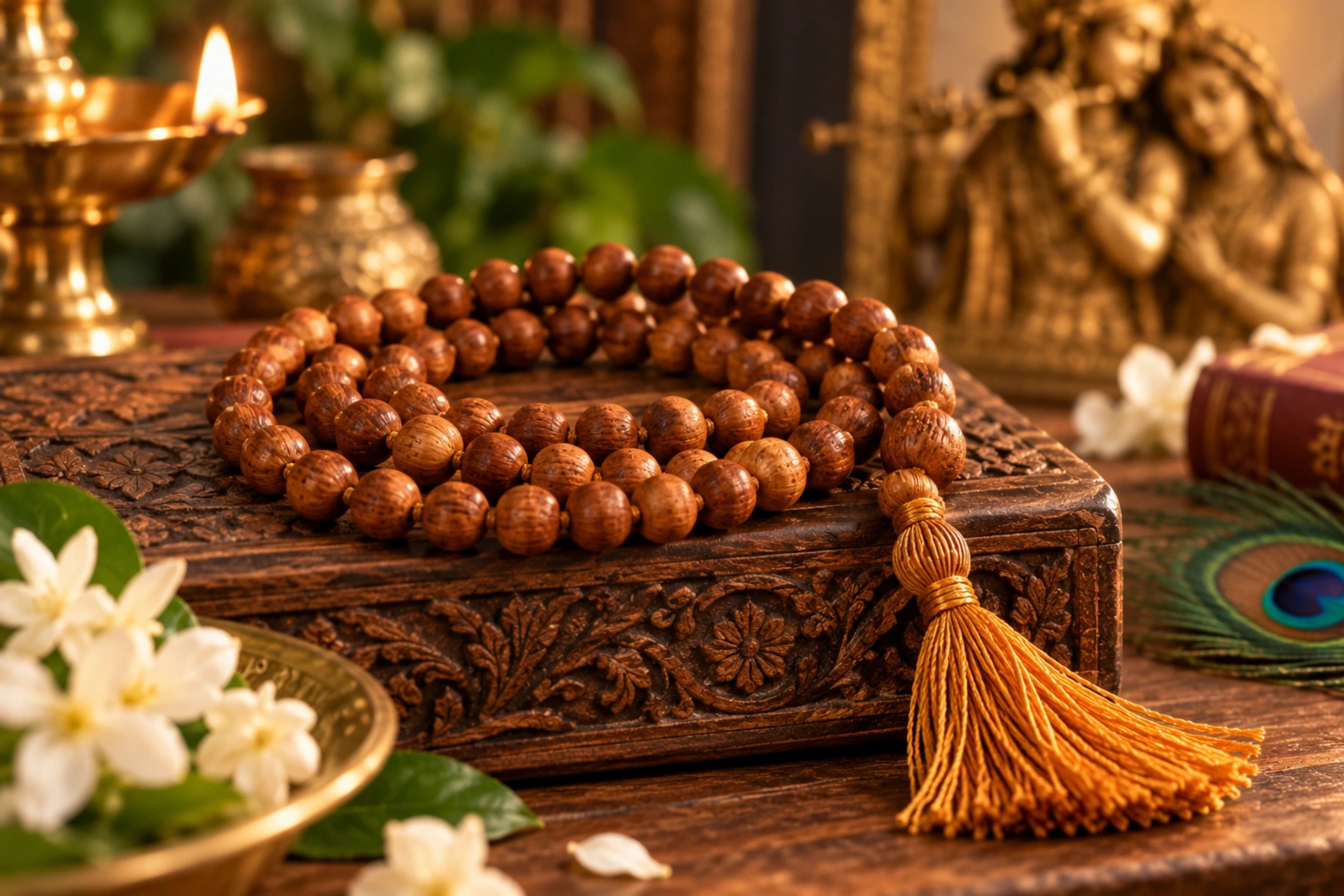 Close-up of a traditional japa mala with 108 beads used for counting mantra repetitions