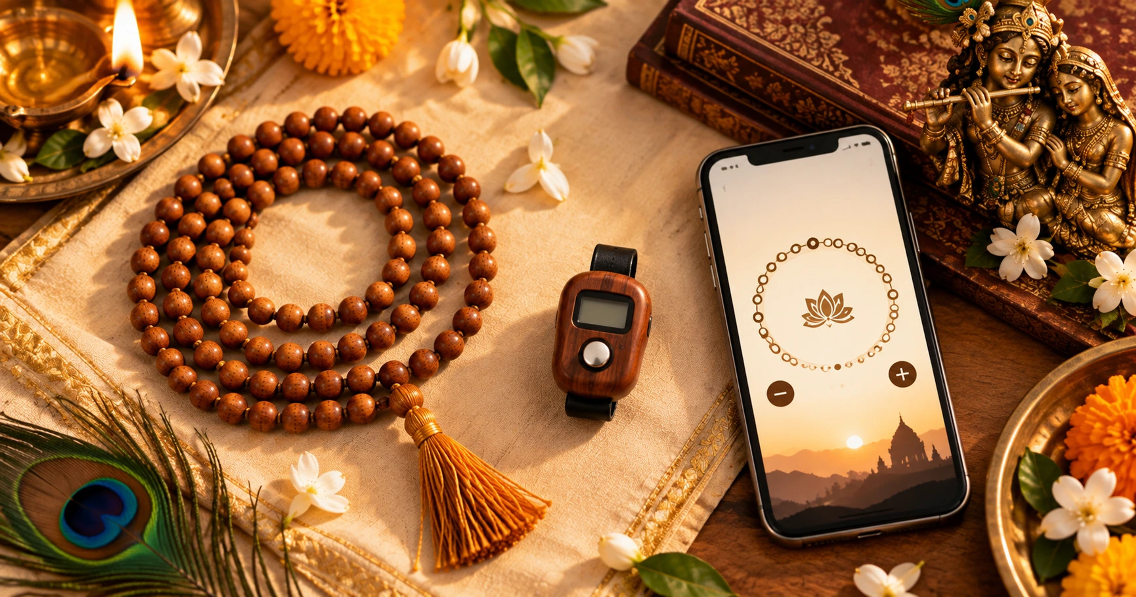 A japa mala, a physical tally counter, and a phone counter app shown together as ways to track 108 repetitions