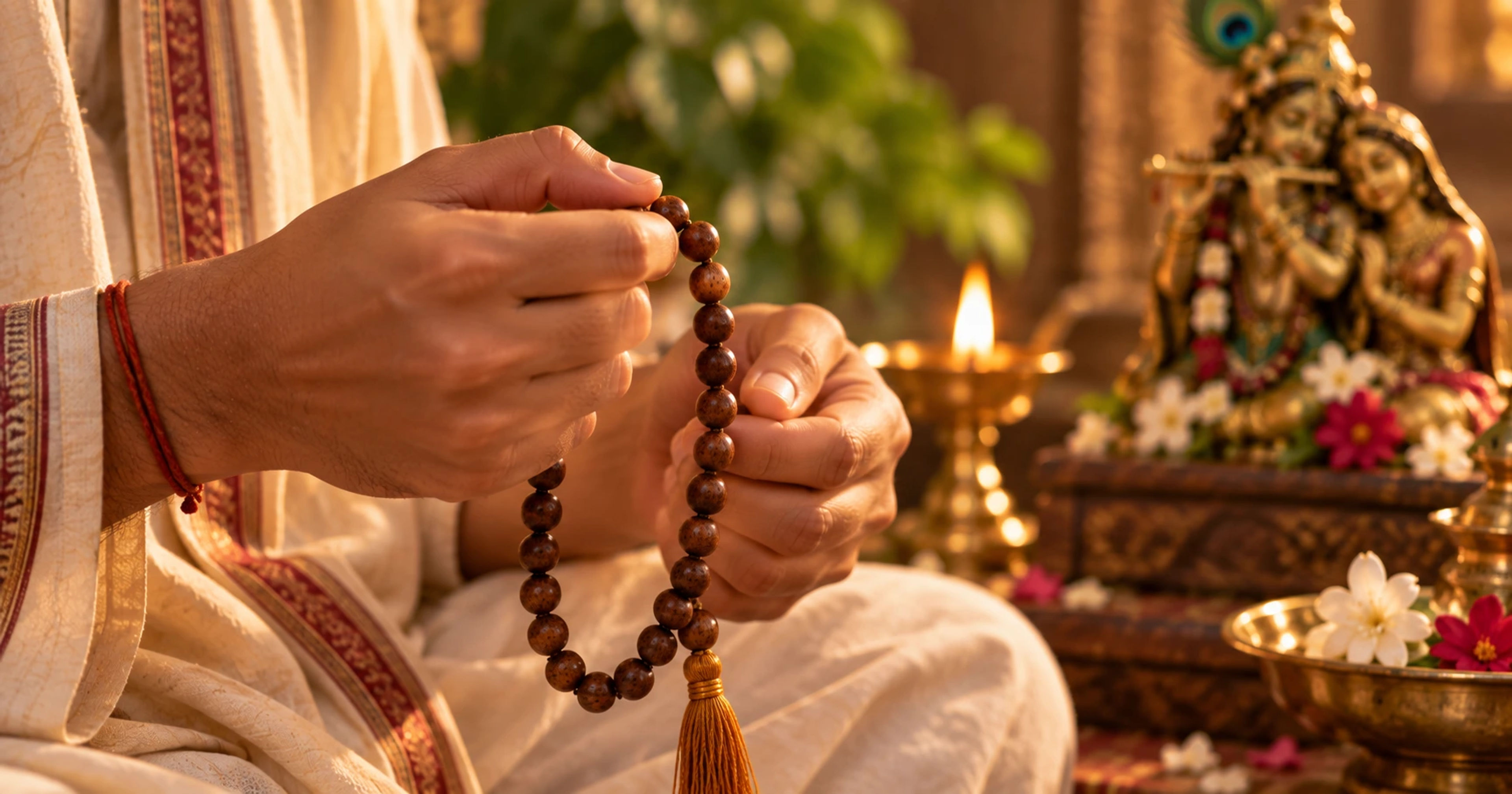 Hands moving one bead at a time along a 108-bead japa mala while chanting