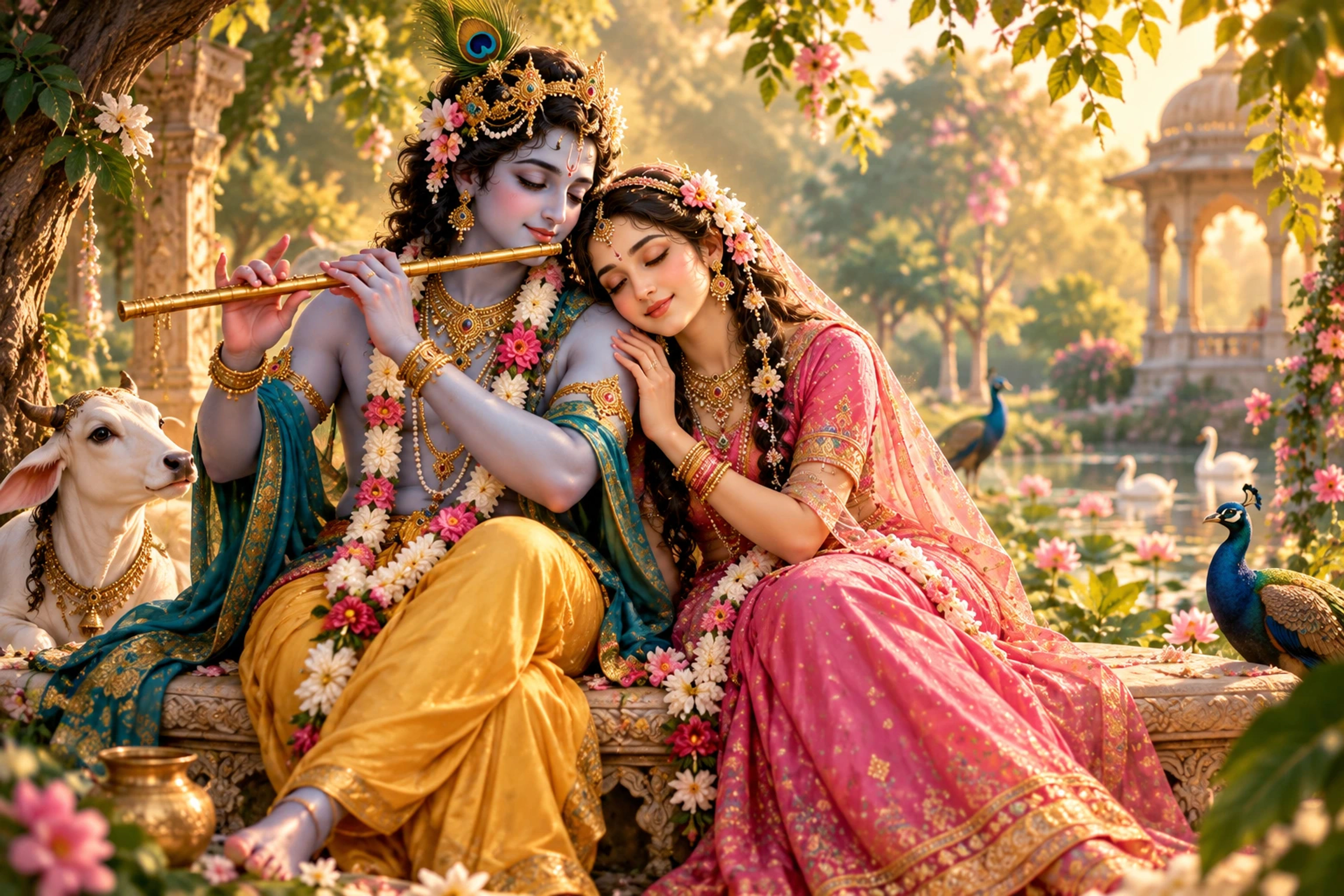 Devotional painting of Shri Radha and Lord Krishna representing divine love and eternal oneness