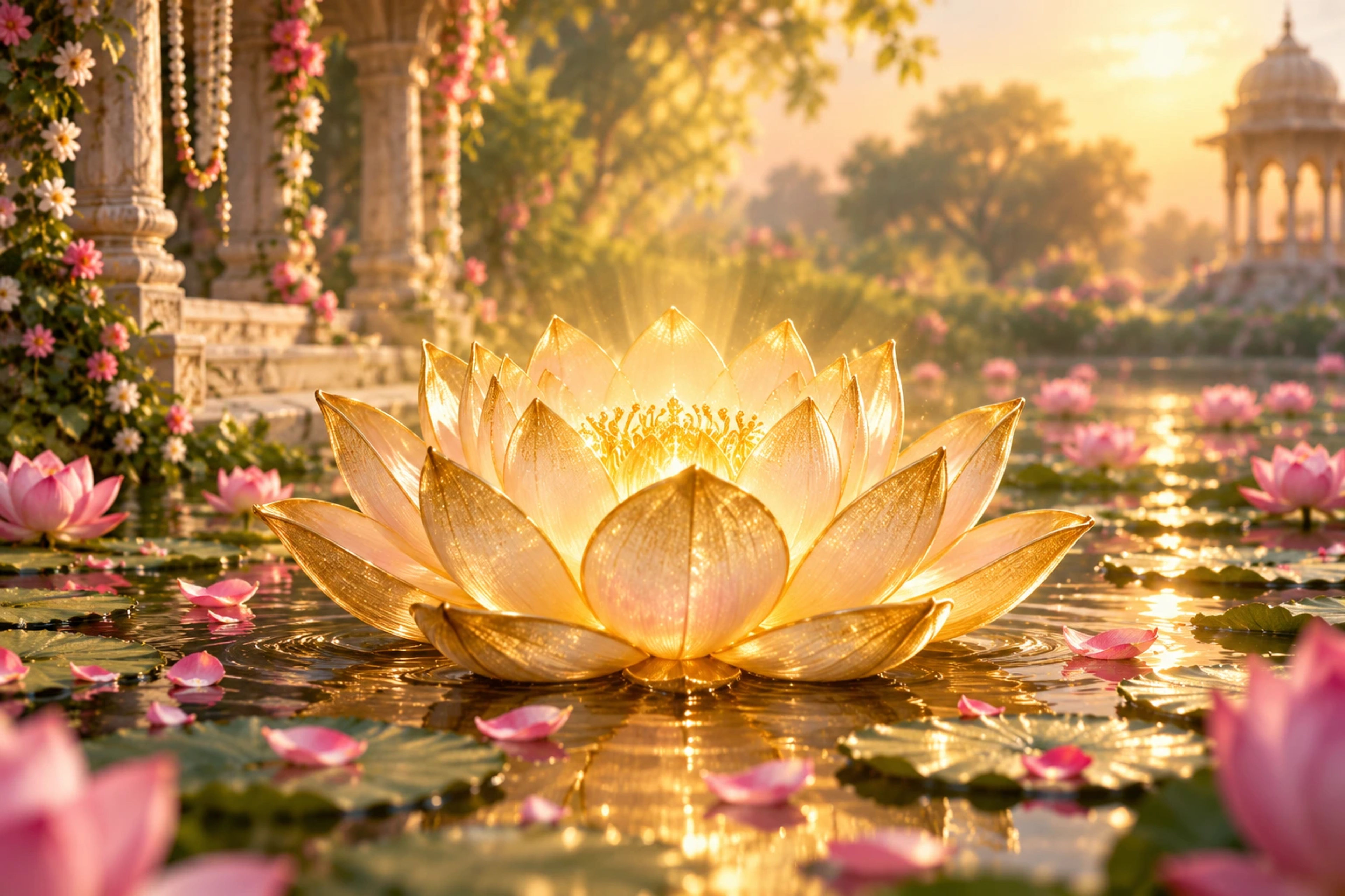 Artistic rendering of Shri Radha Rani appearing on a lotus floating in a sacred pond