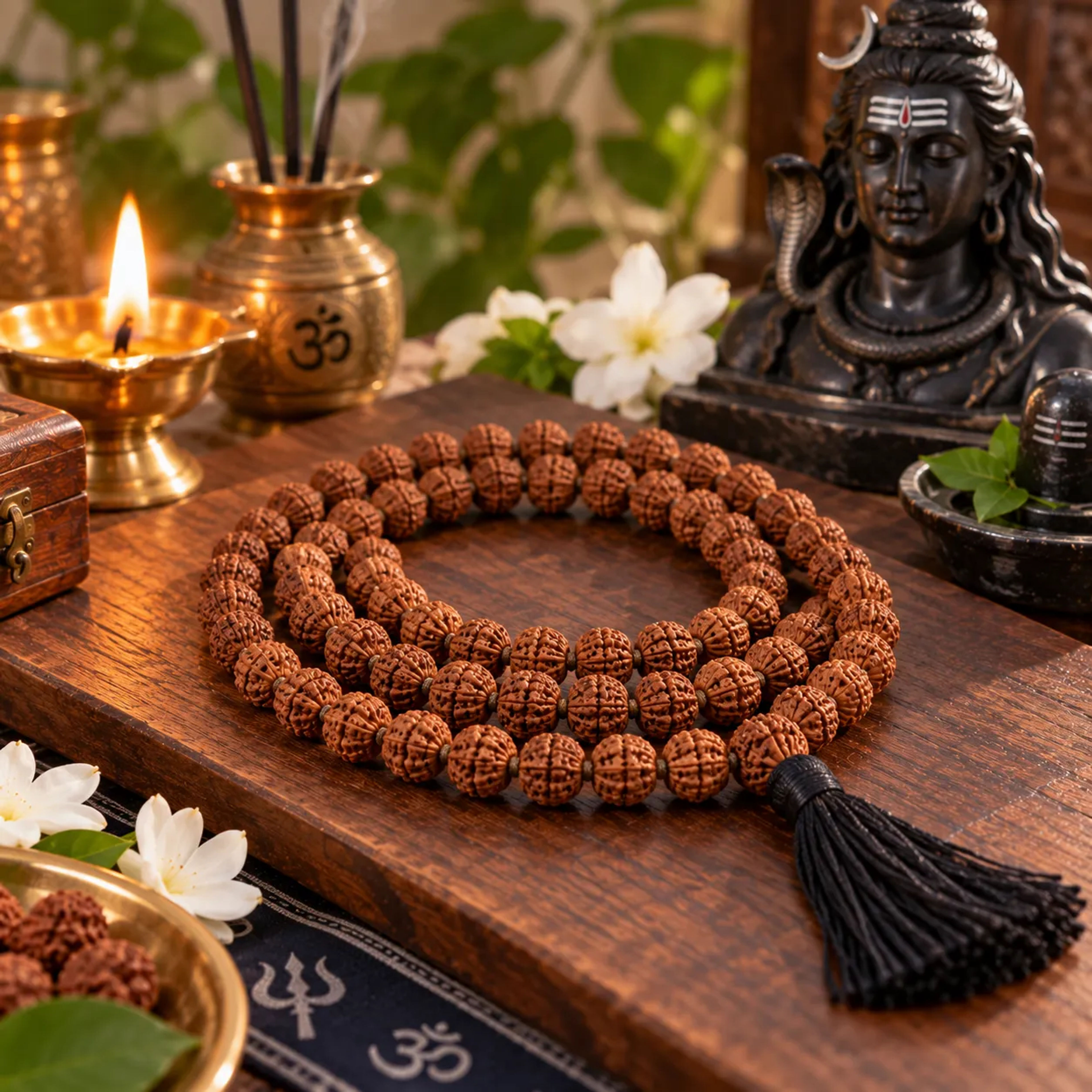 Rudraksha seed japa mala with 108 beads used in Shiva worship