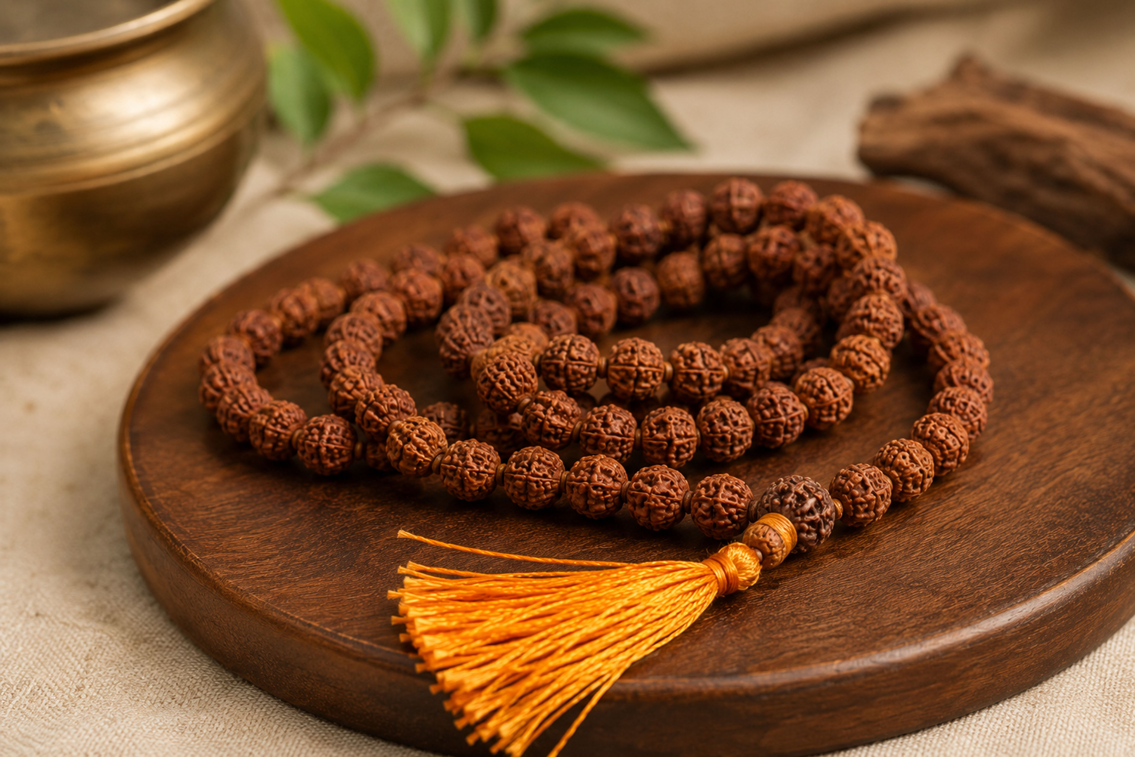 Hand-strung Rudraksha mala beads showing individual texture, suitable for counting 108 chants