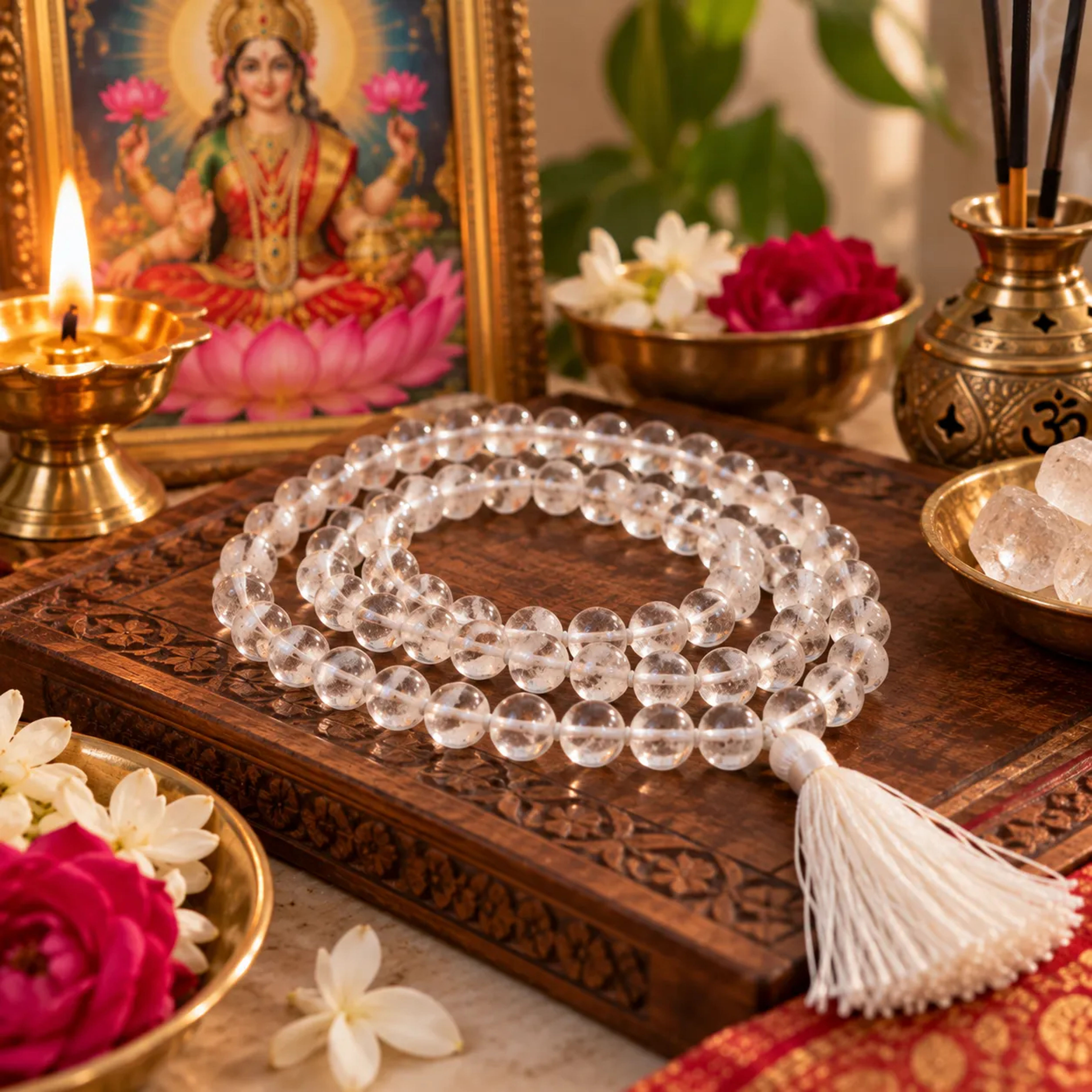 Sphatik clear quartz crystal japa mala with 108 beads