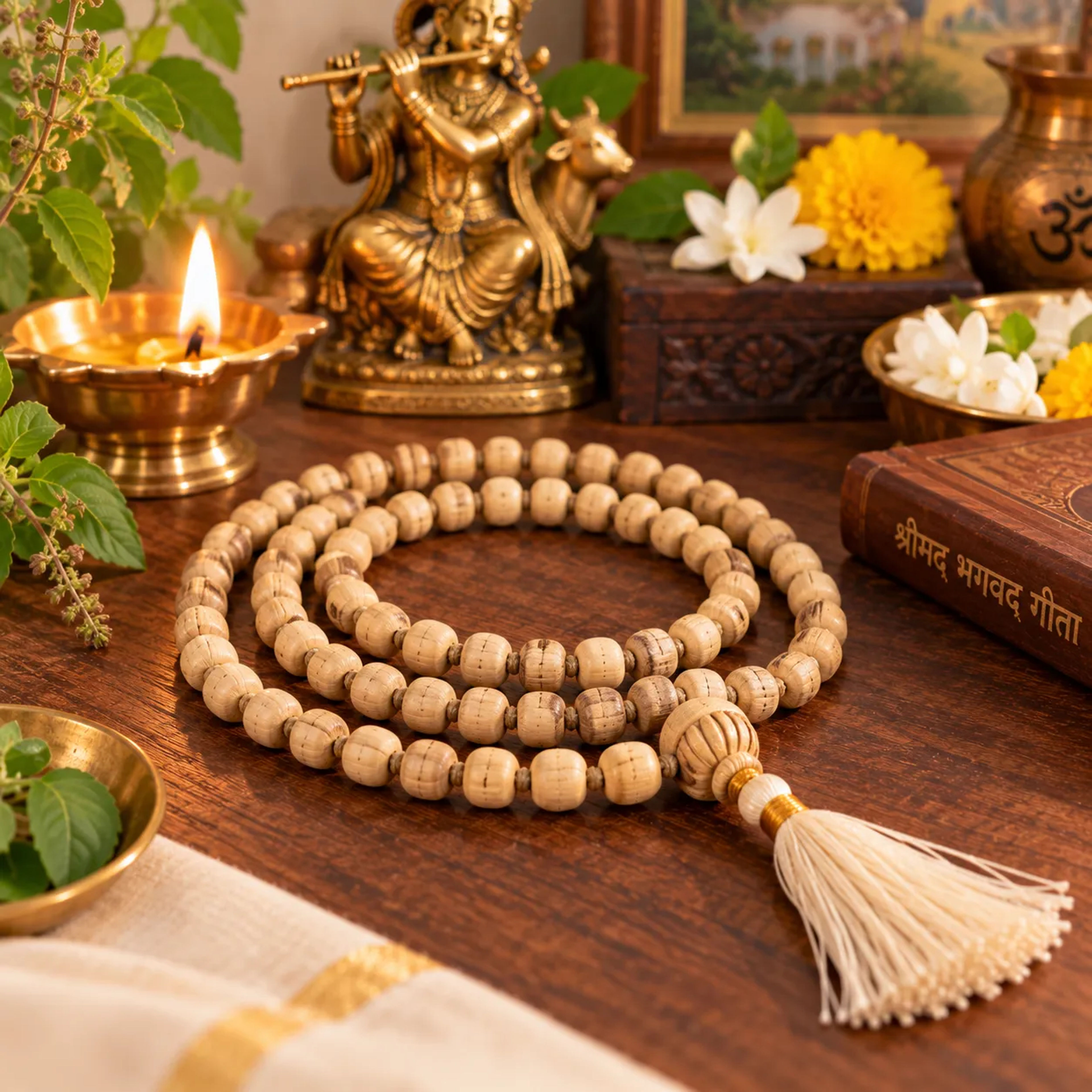 Tulsi wood japa mala with 108 beads and a guru bead