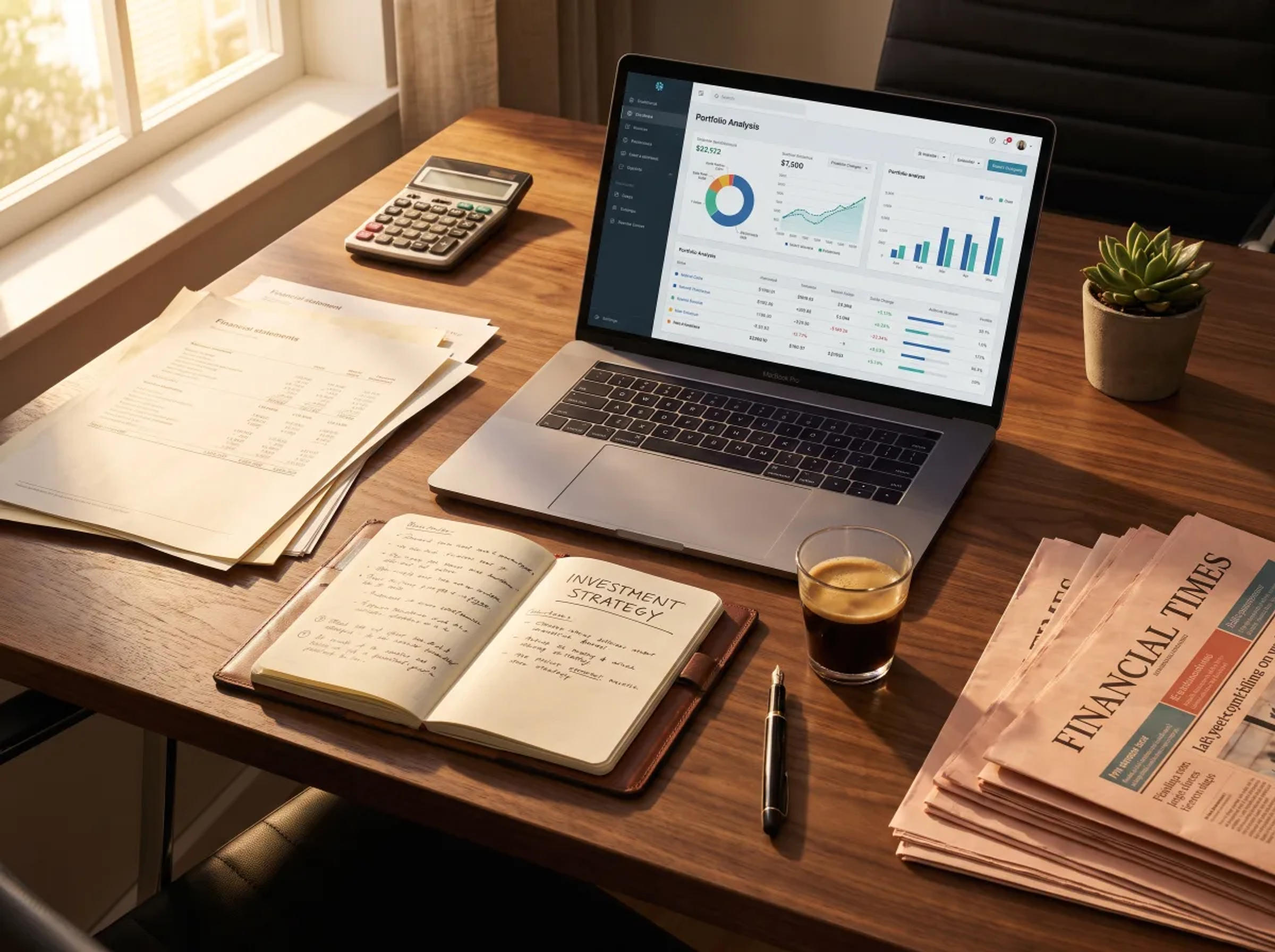 Financial modelling workspace with portfolio analysis dashboard, financial statements, investment strategy notes and Financial Times newspapers