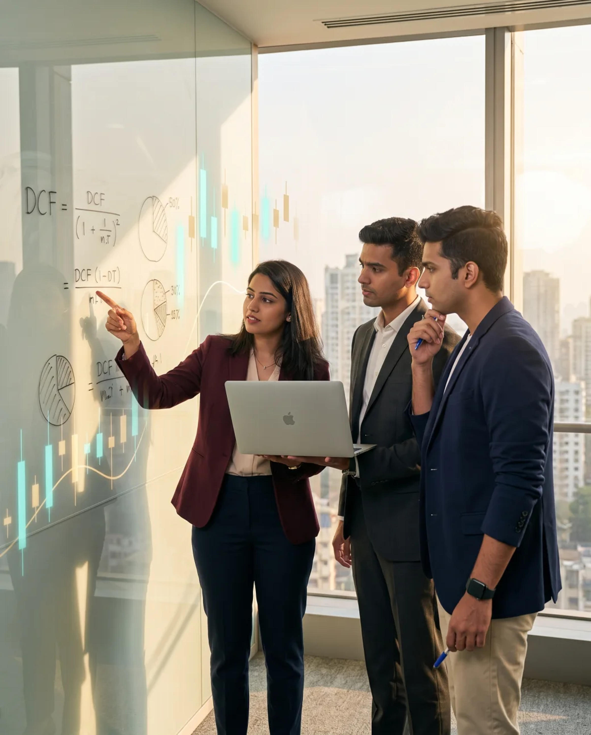 Three Yenepoya Online MBA in Finance learners collaborating at a glass whiteboard covered in DCF formulas and market charts, with a Mumbai financial-district skyline behind