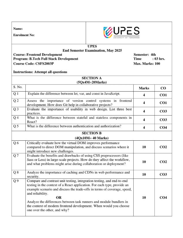 End-Sem 2025(May)[CSE], Front End Development