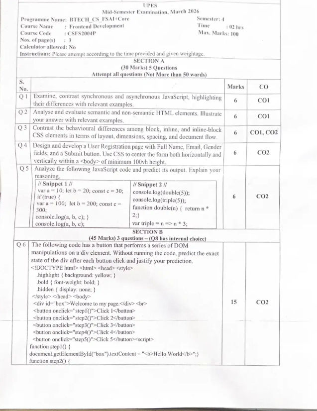 Mid-Sem 2026(March)[CSE], Front End Development