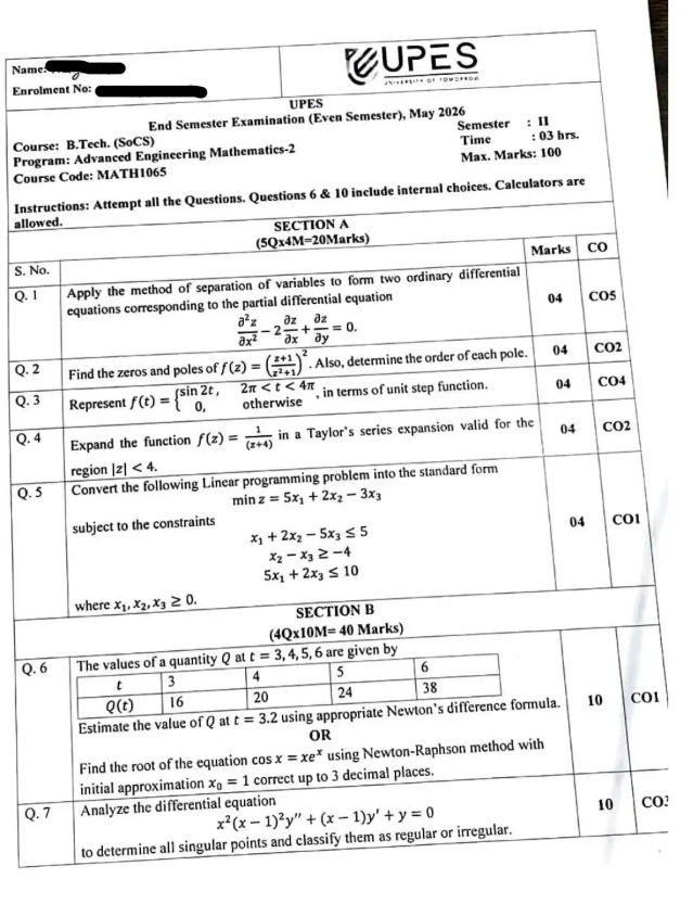 End-Sem 2026(May)[CSE], AEM-2 (Mathematics)