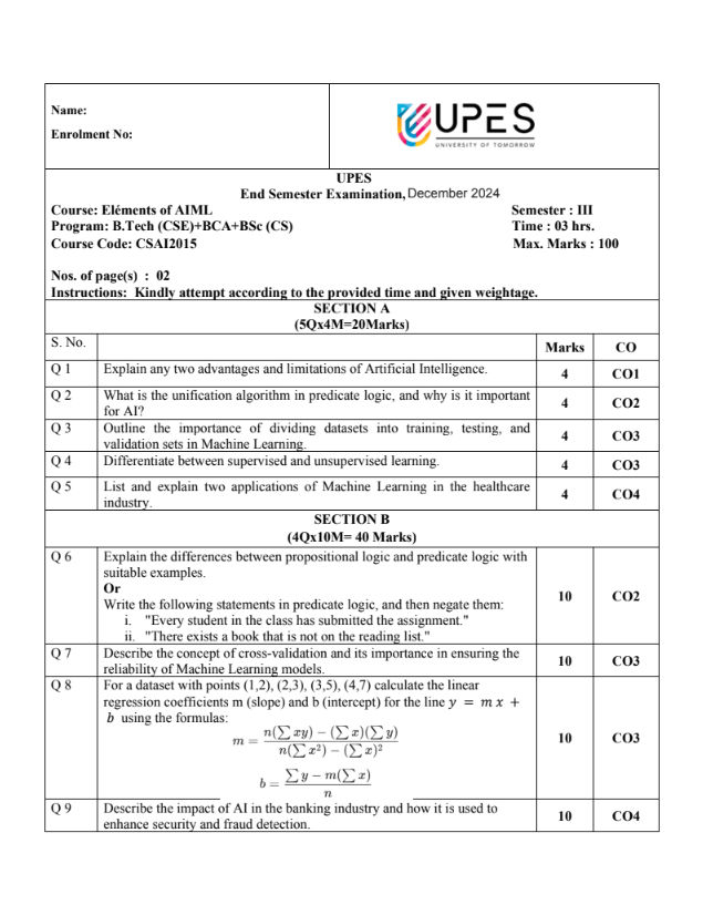 End-Sem 2024(Dec)[CSE], Elements of AIML
