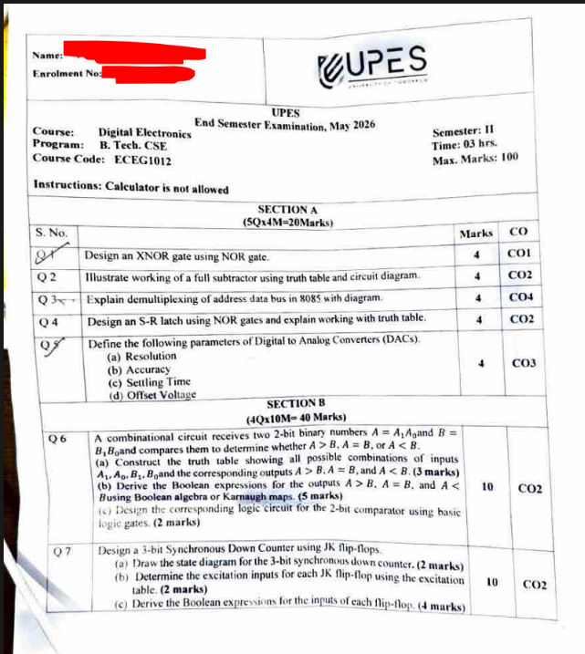 End-Sem 2026(May)[CSE], Digital Electronics